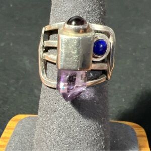 .925 Sterling Silver Real Cabochon Amethyst Modernist Ring Size 6